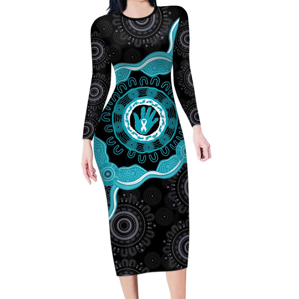 Australia Ovarian Cancer Awareness Long Sleeve Bodycon Dress Brave Strong Teal Ribbon Aboriginal Art - Aussie Hoodie
