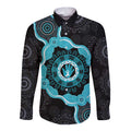 Australia Ovarian Cancer Awareness Long Sleeve Button Shirt Brave Strong Teal Ribbon Aboriginal Art - Aussie Hoodie