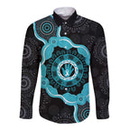 Australia Ovarian Cancer Awareness Long Sleeve Button Shirt Brave Strong Teal Ribbon Aboriginal Art - Aussie Hoodie