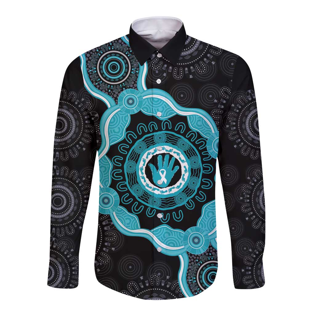 Australia Ovarian Cancer Awareness Long Sleeve Button Shirt Brave Strong Teal Ribbon Aboriginal Art - Aussie Hoodie