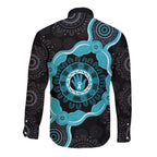 Australia Ovarian Cancer Awareness Long Sleeve Button Shirt Brave Strong Teal Ribbon Aboriginal Art - Aussie Hoodie