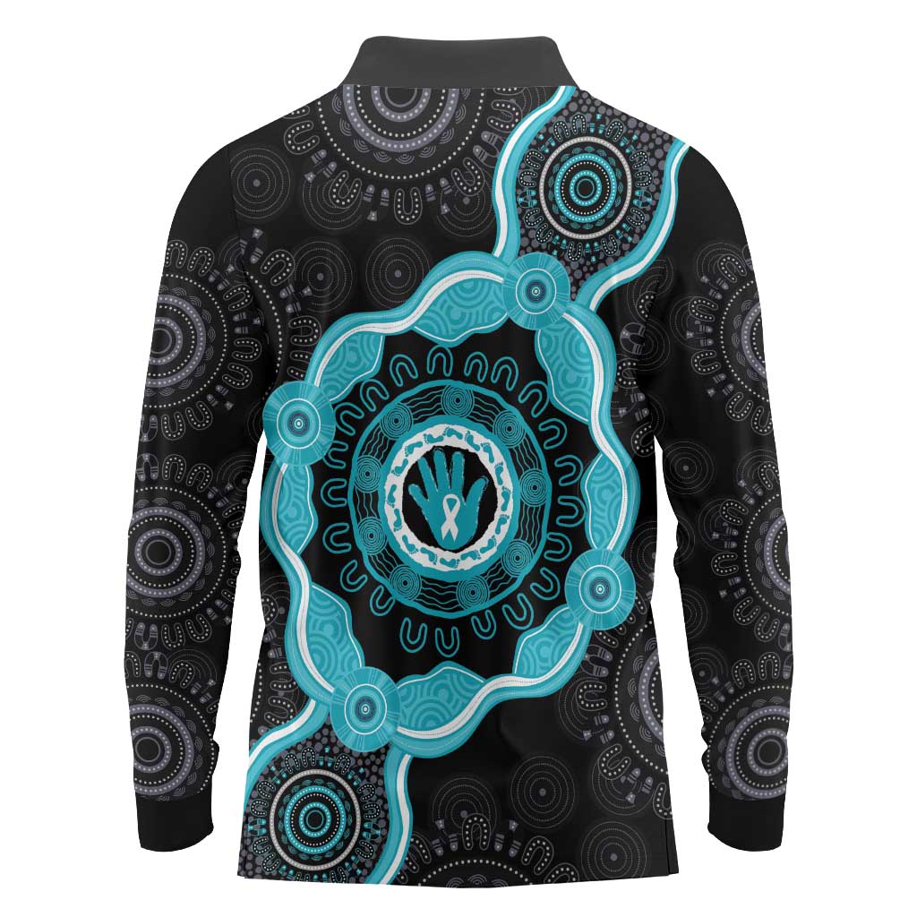 Australia Ovarian Cancer Awareness Long Sleeve Polo Shirt Brave Strong Teal Ribbon Aboriginal Art - Aussie Hoodie