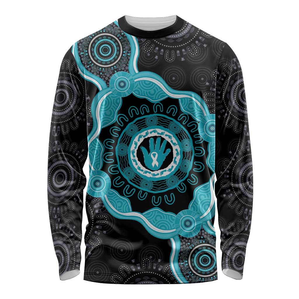 Australia Ovarian Cancer Awareness Long Sleeve Shirt Brave Strong Teal Ribbon Aboriginal Art - Aussie Hoodie