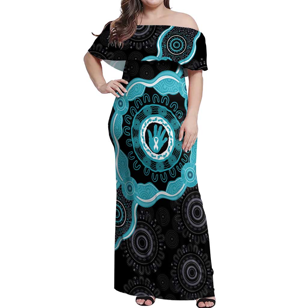 Australia Ovarian Cancer Awareness Off Shoulder Maxi Dress Brave Strong Teal Ribbon Aboriginal Art - Aussie Hoodie