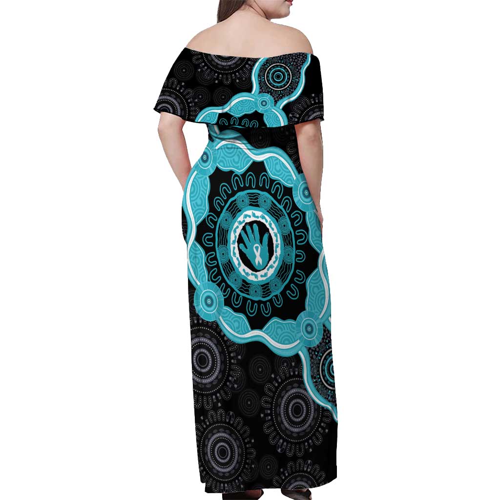 Australia Ovarian Cancer Awareness Off Shoulder Maxi Dress Brave Strong Teal Ribbon Aboriginal Art - Aussie Hoodie