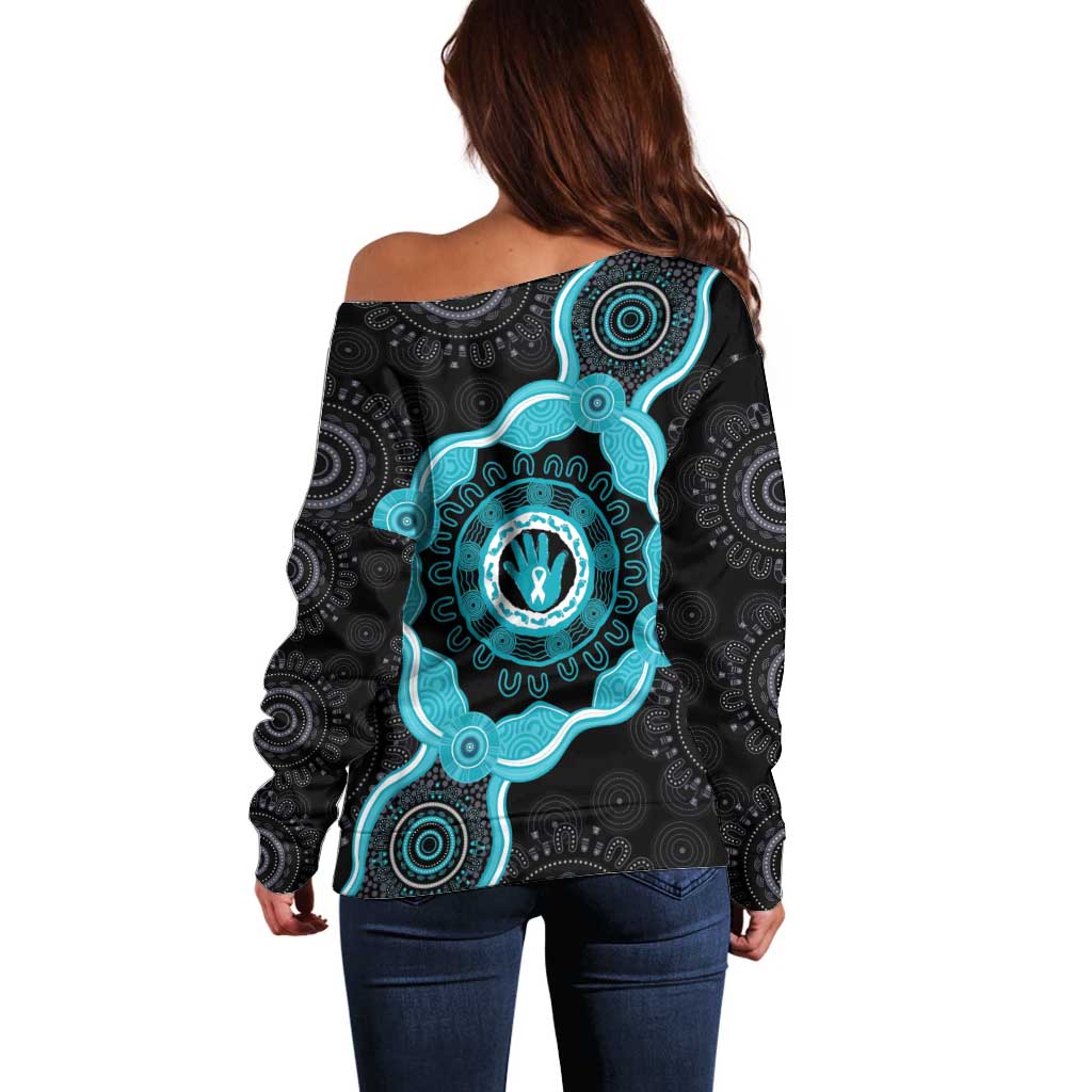 Australia Ovarian Cancer Awareness Off Shoulder Sweater Brave Strong Teal Ribbon Aboriginal Art - Aussie Hoodie