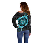 Australia Ovarian Cancer Awareness Off Shoulder Sweater Brave Strong Teal Ribbon Aboriginal Art - Aussie Hoodie