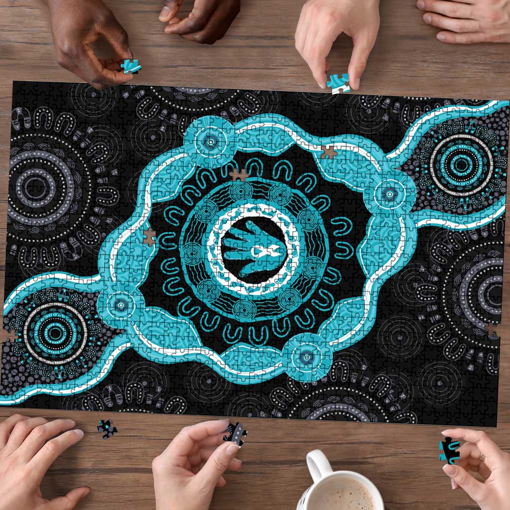 Australia Ovarian Cancer Awareness Puzzle Brave Strong Teal Ribbon Aboriginal Art - Aussie Hoodie