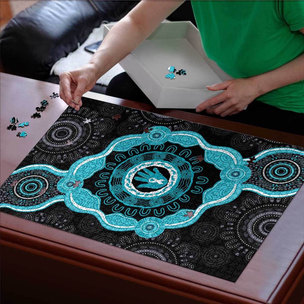 Australia Ovarian Cancer Awareness Puzzle Brave Strong Teal Ribbon Aboriginal Art - Aussie Hoodie