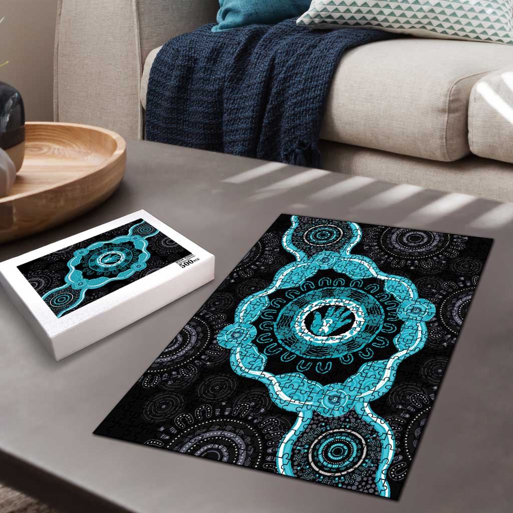 Australia Ovarian Cancer Awareness Puzzle Brave Strong Teal Ribbon Aboriginal Art - Aussie Hoodie