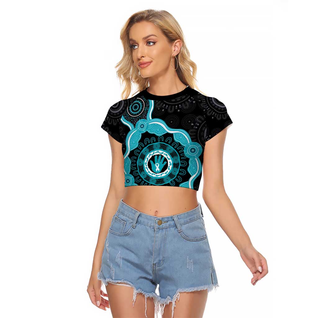 Australia Ovarian Cancer Awareness Raglan Cropped T Shirt Brave Strong Teal Ribbon Aboriginal Art - Aussie Hoodie