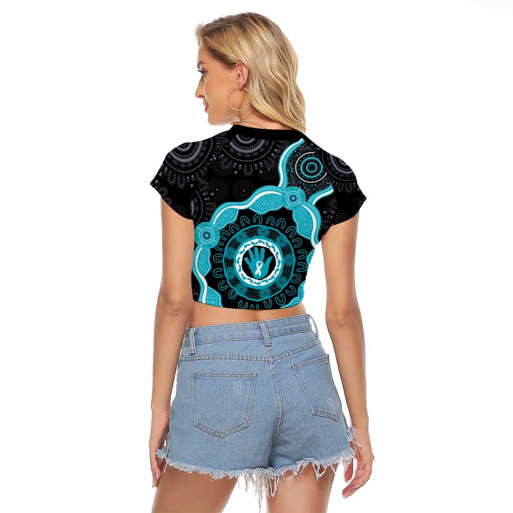 Australia Ovarian Cancer Awareness Raglan Cropped T Shirt Brave Strong Teal Ribbon Aboriginal Art - Aussie Hoodie
