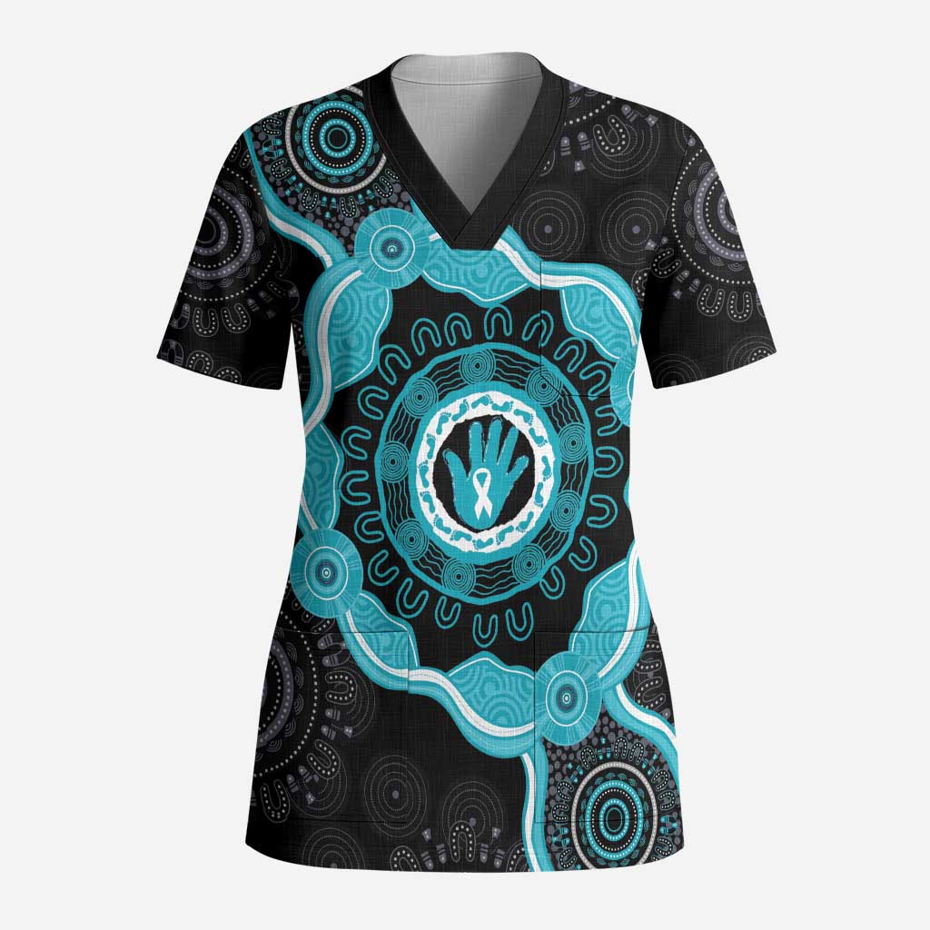 Australia Ovarian Cancer Awareness Scrub Top Brave Strong Teal Ribbon Aboriginal Art - Aussie Hoodie