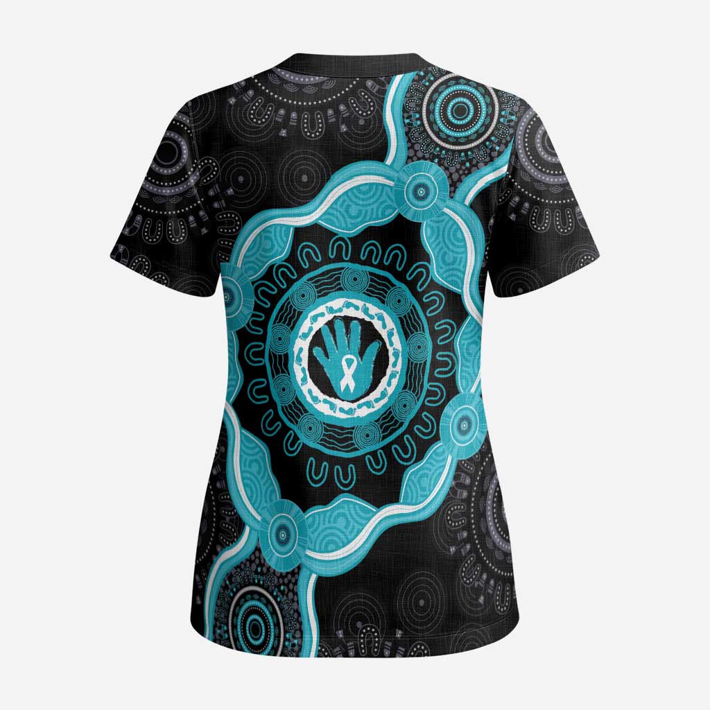 Australia Ovarian Cancer Awareness Scrub Top Brave Strong Teal Ribbon Aboriginal Art - Aussie Hoodie