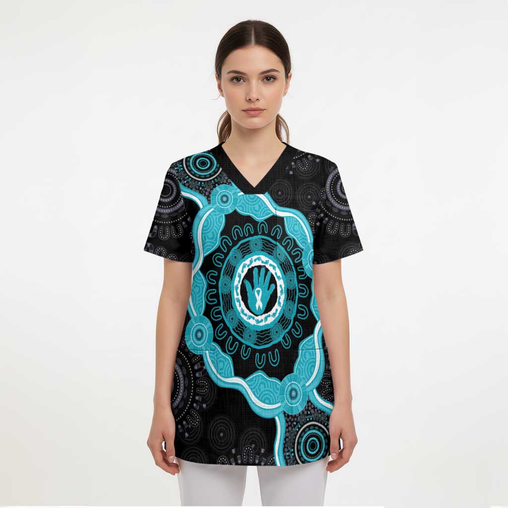 Australia Ovarian Cancer Awareness Scrub Top Brave Strong Teal Ribbon Aboriginal Art - Aussie Hoodie