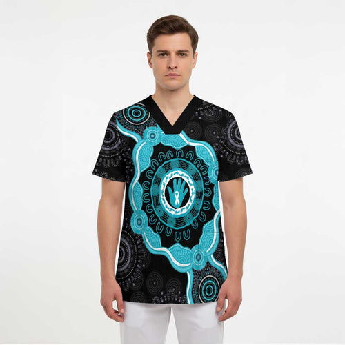 Australia Ovarian Cancer Awareness Scrub Top Brave Strong Teal Ribbon Aboriginal Art - Aussie Hoodie
