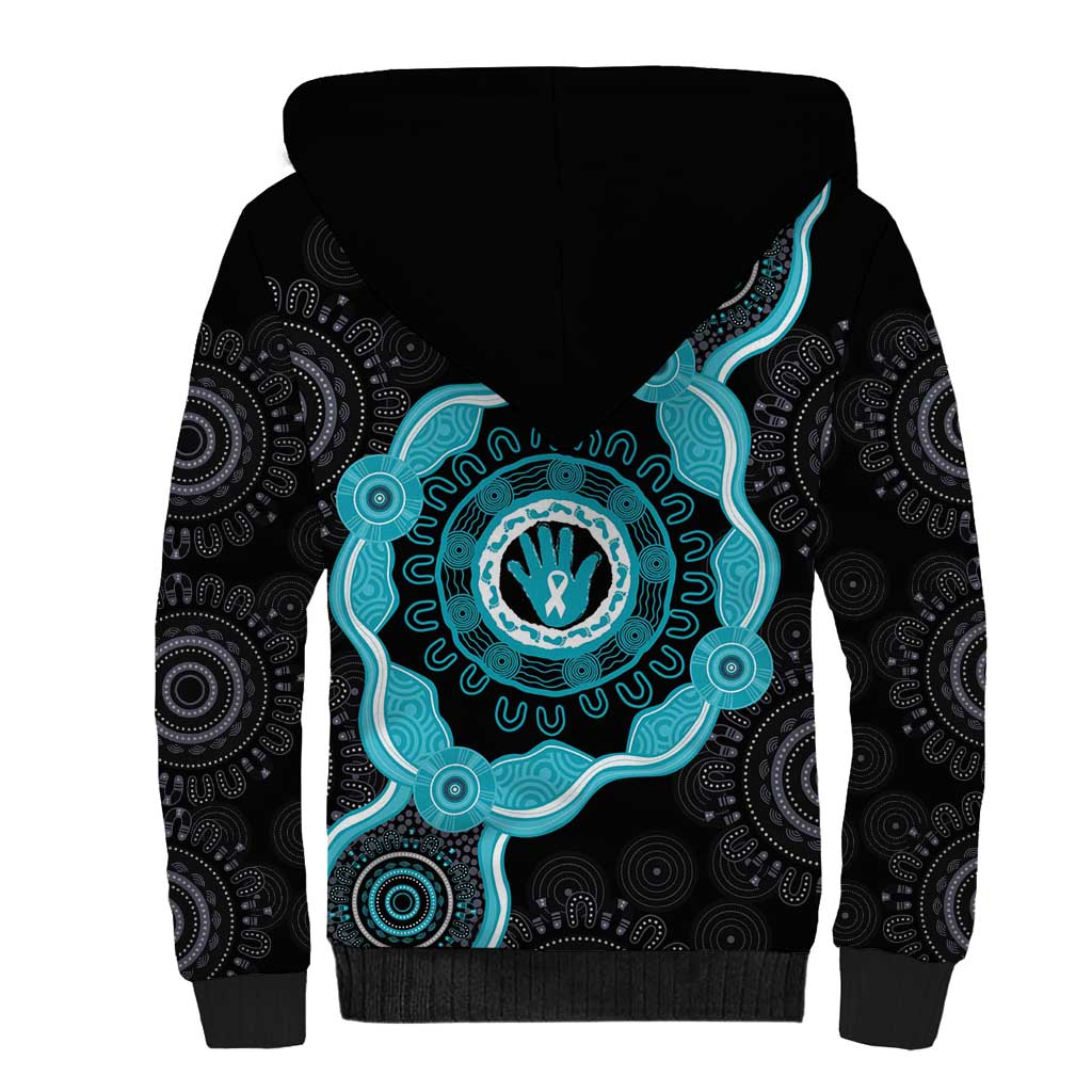 Australia Ovarian Cancer Awareness Sherpa Hoodie Brave Strong Teal Ribbon Aboriginal Art - Aussie Hoodie