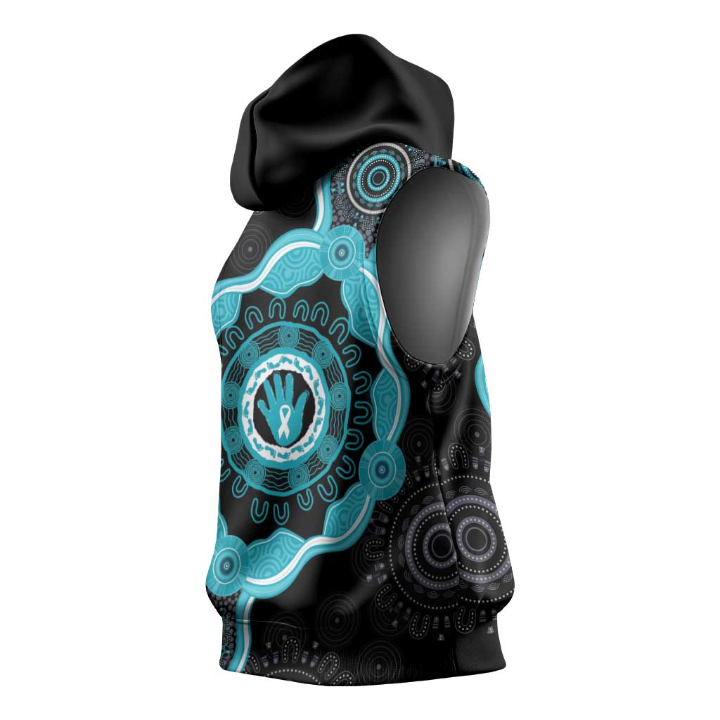 Australia Ovarian Cancer Awareness Sleeveless Hoodie Brave Strong Teal Ribbon Aboriginal Art - Aussie Hoodie