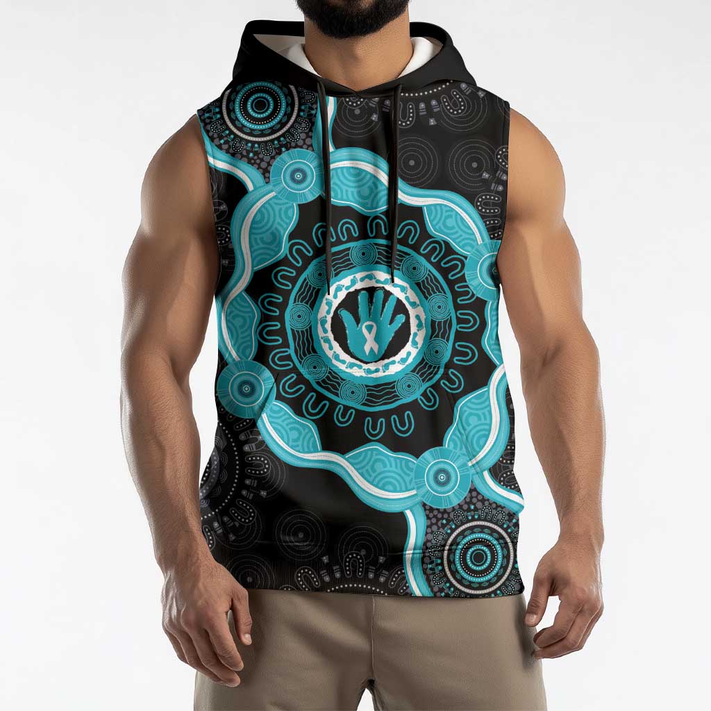 Australia Ovarian Cancer Awareness Sleeveless Hoodie Brave Strong Teal Ribbon Aboriginal Art - Aussie Hoodie