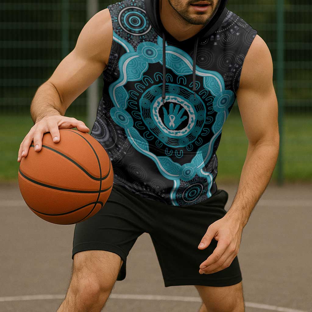 Australia Ovarian Cancer Awareness Sleeveless Hoodie Brave Strong Teal Ribbon Aboriginal Art - Aussie Hoodie
