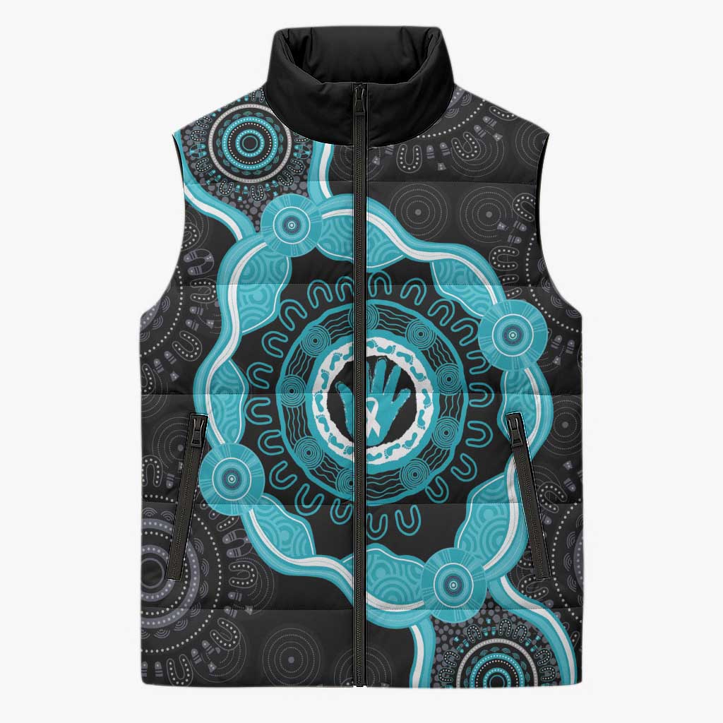 Australia Ovarian Cancer Awareness Sleeveless Puffer Jacket Brave Strong Teal Ribbon Aboriginal Art - Aussie Hoodie