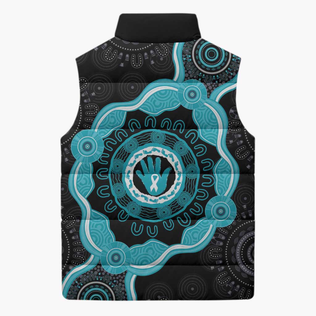 Australia Ovarian Cancer Awareness Sleeveless Puffer Jacket Brave Strong Teal Ribbon Aboriginal Art - Aussie Hoodie