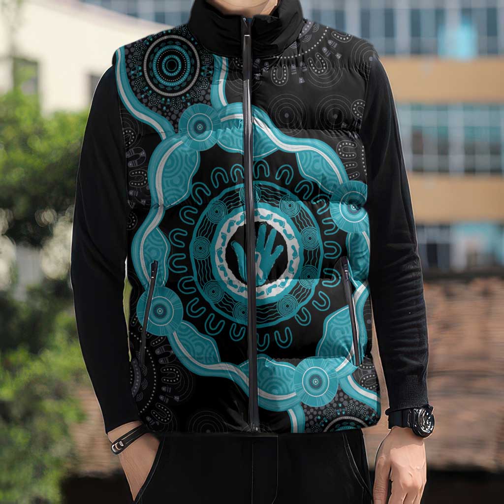 Australia Ovarian Cancer Awareness Sleeveless Puffer Jacket Brave Strong Teal Ribbon Aboriginal Art - Aussie Hoodie