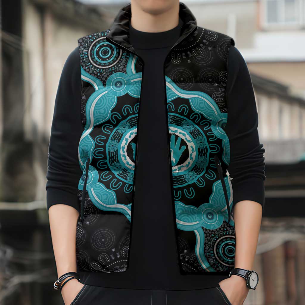 Australia Ovarian Cancer Awareness Sleeveless Puffer Jacket Brave Strong Teal Ribbon Aboriginal Art - Aussie Hoodie