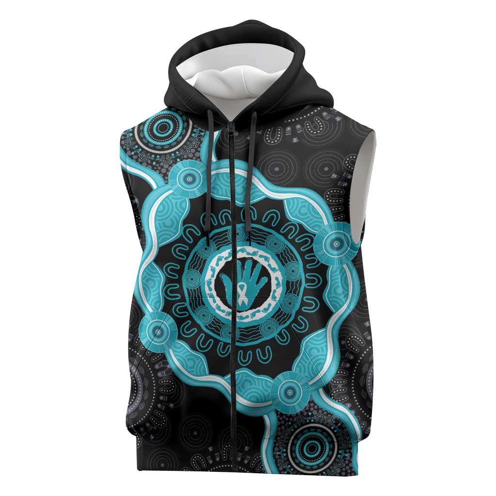 Australia Ovarian Cancer Awareness Sleeveless Zip Hoodie Brave Strong Teal Ribbon Aboriginal Art - Aussie Hoodie