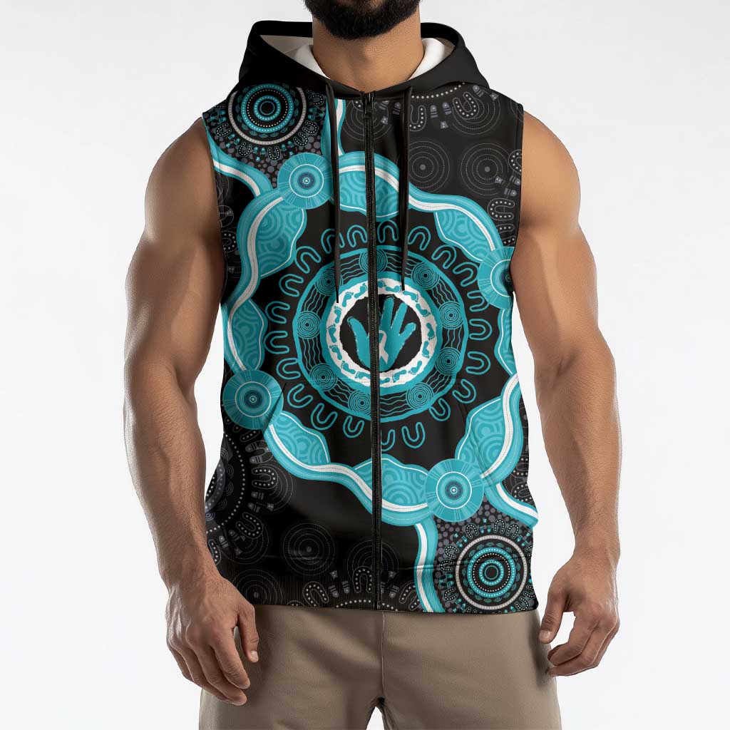 Australia Ovarian Cancer Awareness Sleeveless Zip Hoodie Brave Strong Teal Ribbon Aboriginal Art - Aussie Hoodie