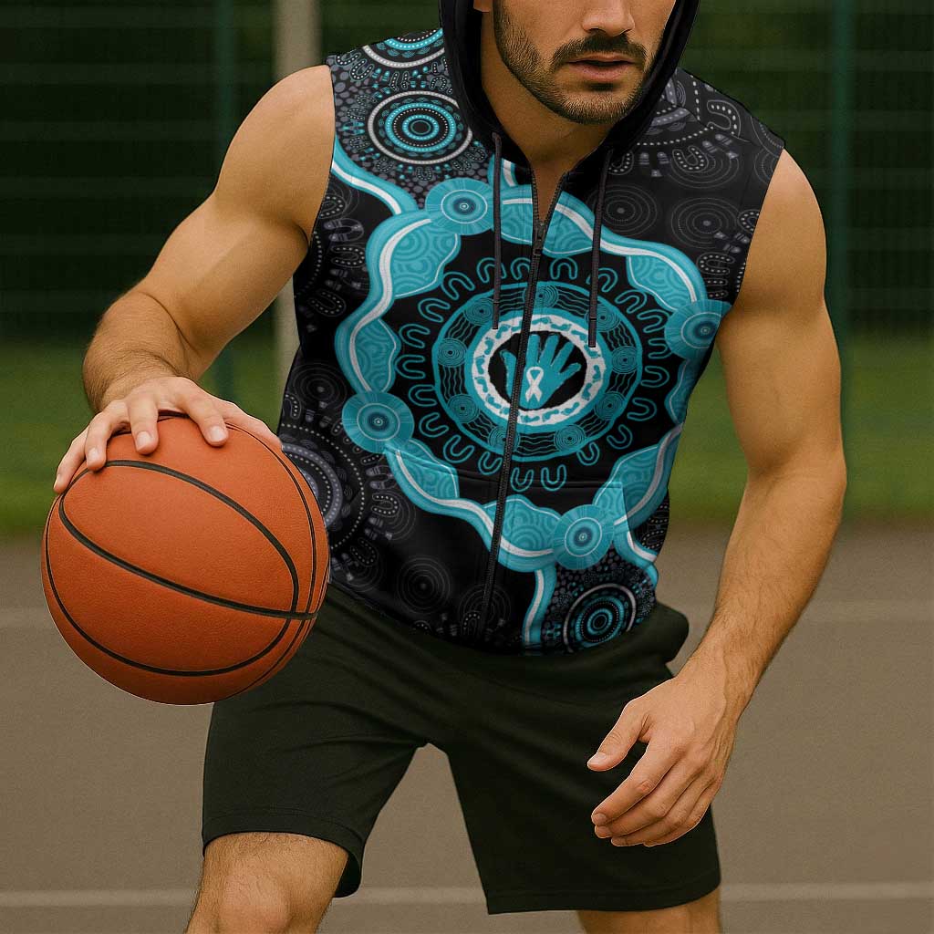 Australia Ovarian Cancer Awareness Sleeveless Zip Hoodie Brave Strong Teal Ribbon Aboriginal Art - Aussie Hoodie