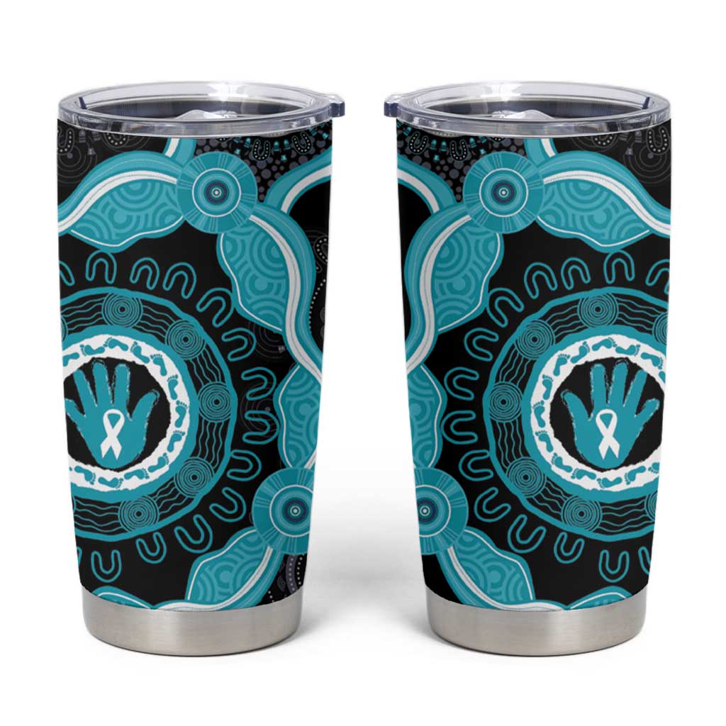 Australia Ovarian Cancer Awareness Tumbler Cup Brave Strong Teal Ribbon Aboriginal Art - Aussie Hoodie