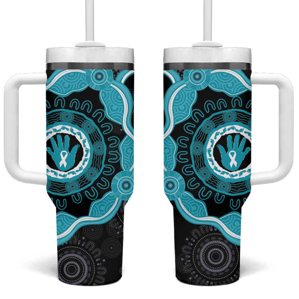 Australia Ovarian Cancer Awareness Tumbler With Handle Brave Strong Teal Ribbon Aboriginal Art - Aussie Hoodie