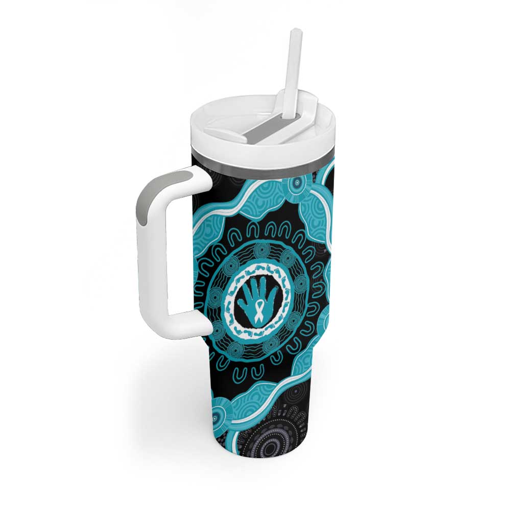 Australia Ovarian Cancer Awareness Tumbler With Handle Brave Strong Teal Ribbon Aboriginal Art - Aussie Hoodie
