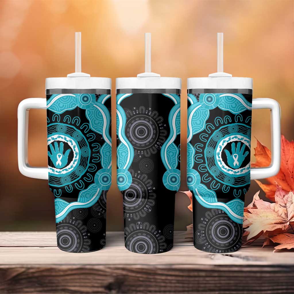 Australia Ovarian Cancer Awareness Tumbler With Handle Brave Strong Teal Ribbon Aboriginal Art - Aussie Hoodie