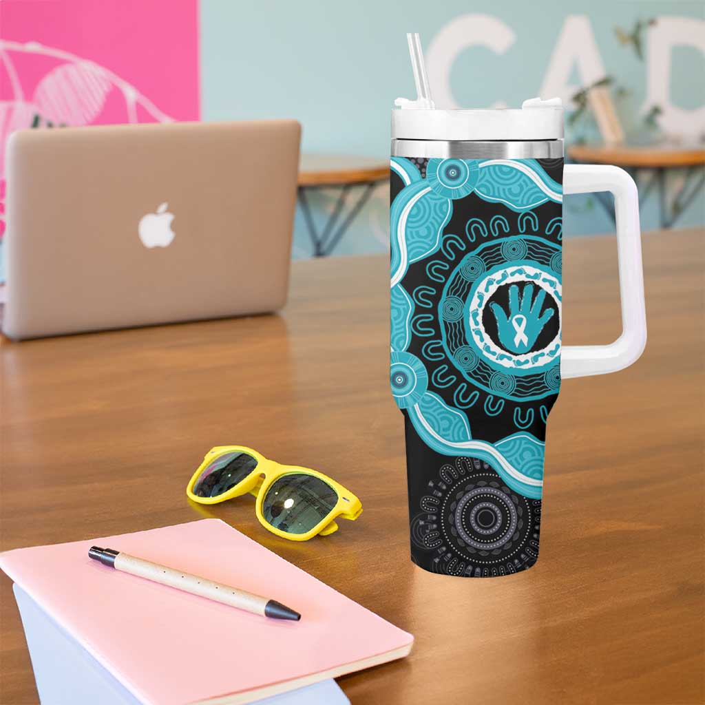 Australia Ovarian Cancer Awareness Tumbler With Handle Brave Strong Teal Ribbon Aboriginal Art - Aussie Hoodie