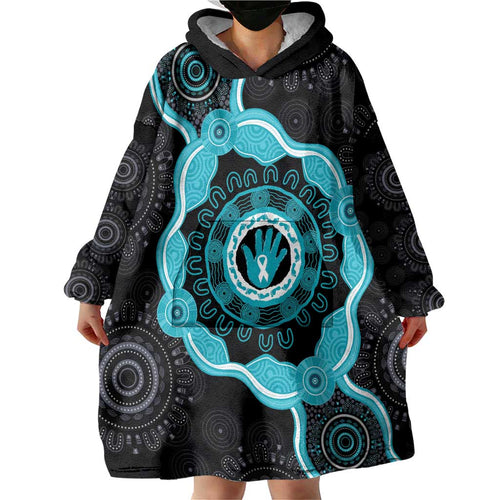Australia Ovarian Cancer Awareness Wearable Blanket Hoodie Brave Strong Teal Ribbon Aboriginal Art - Aussie Hoodie