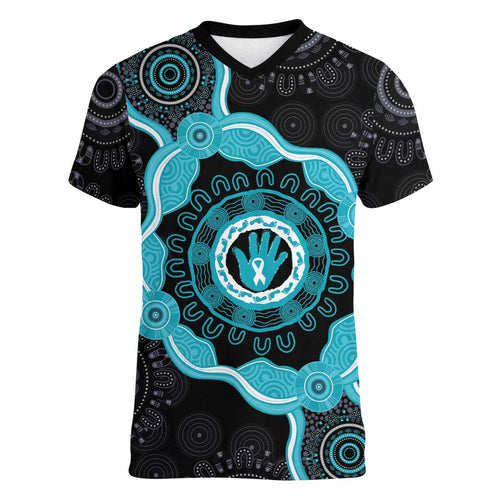 Australia Ovarian Cancer Awareness Women V-Neck T-Shirt Brave Strong Teal Ribbon Aboriginal Art - Aussie Hoodie