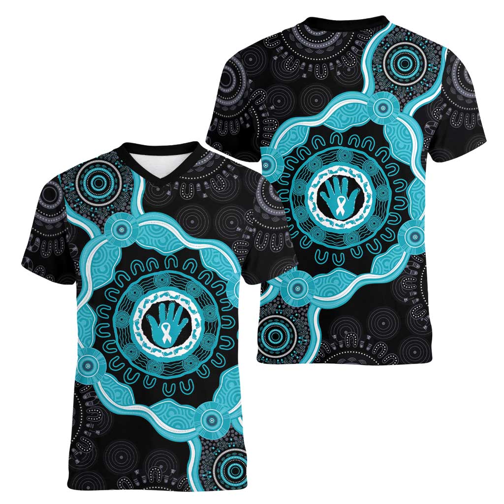 Australia Ovarian Cancer Awareness Women V-Neck T-Shirt Brave Strong Teal Ribbon Aboriginal Art - Aussie Hoodie