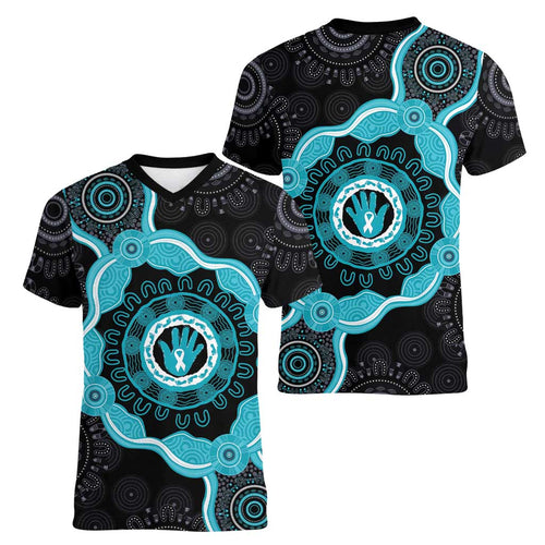 Australia Ovarian Cancer Awareness Women V-Neck T-Shirt Brave Strong Teal Ribbon Aboriginal Art - Aussie Hoodie