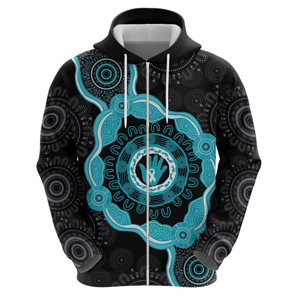 Australia Ovarian Cancer Awareness Zip Hoodie Brave Strong Teal Ribbon Aboriginal Art - Aussie Hoodie