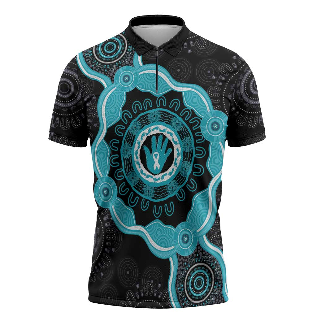 Australia Ovarian Cancer Awareness Zipper Polo Shirt Brave Strong Teal Ribbon Aboriginal Art - Aussie Hoodie