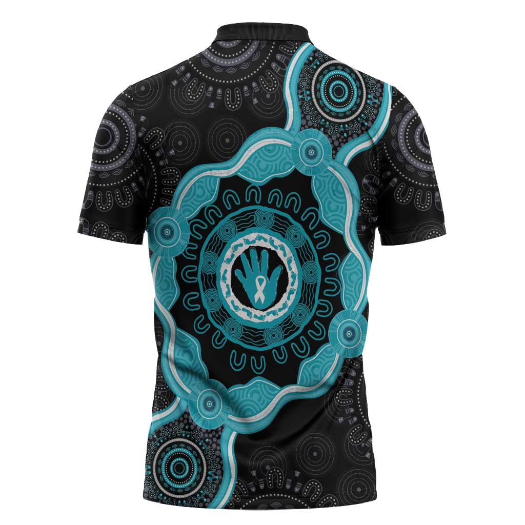 Australia Ovarian Cancer Awareness Zipper Polo Shirt Brave Strong Teal Ribbon Aboriginal Art - Aussie Hoodie