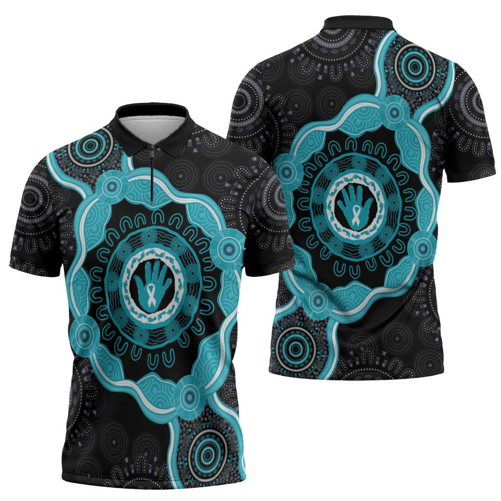Australia Ovarian Cancer Awareness Zipper Polo Shirt Brave Strong Teal Ribbon Aboriginal Art - Aussie Hoodie