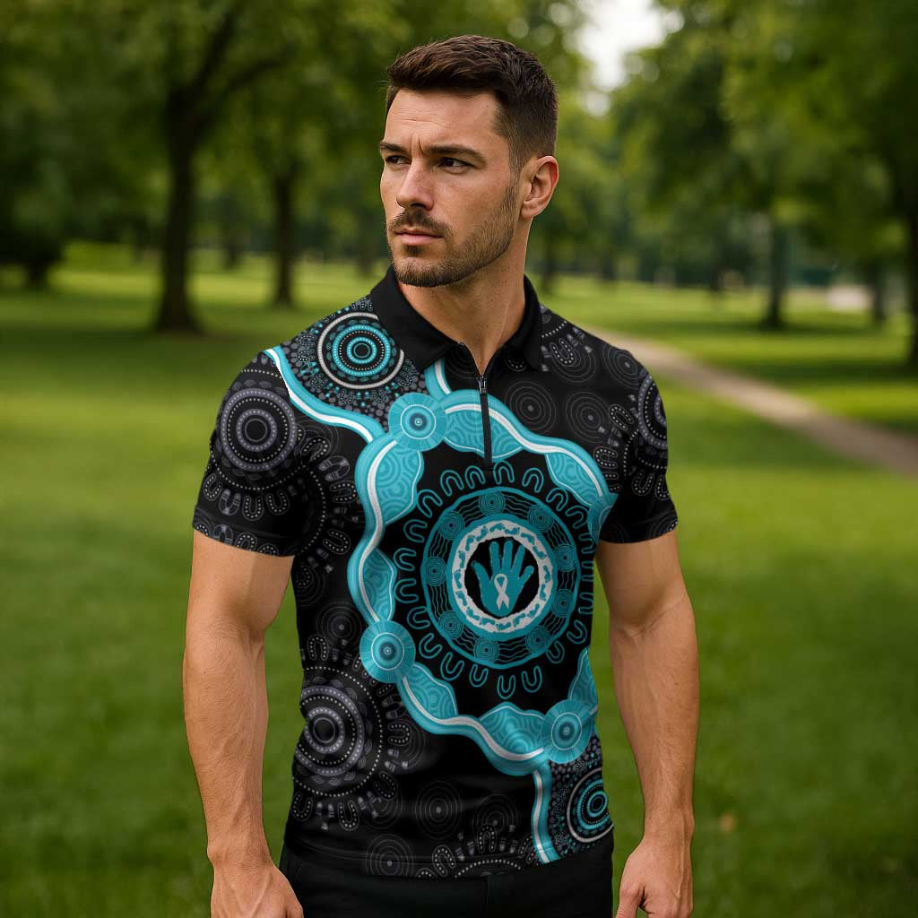 Australia Ovarian Cancer Awareness Zipper Polo Shirt Brave Strong Teal Ribbon Aboriginal Art - Aussie Hoodie