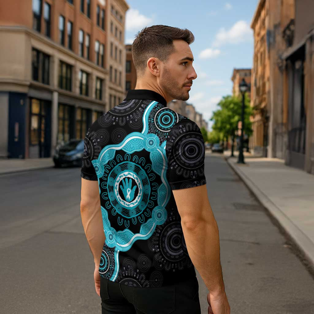 Australia Ovarian Cancer Awareness Zipper Polo Shirt Brave Strong Teal Ribbon Aboriginal Art - Aussie Hoodie