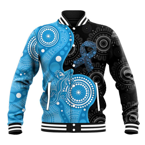 Australia Autism Awareness Month Baseball Jacket Indigenous Lizard With Blue Ribbon - Aussie Hoodie