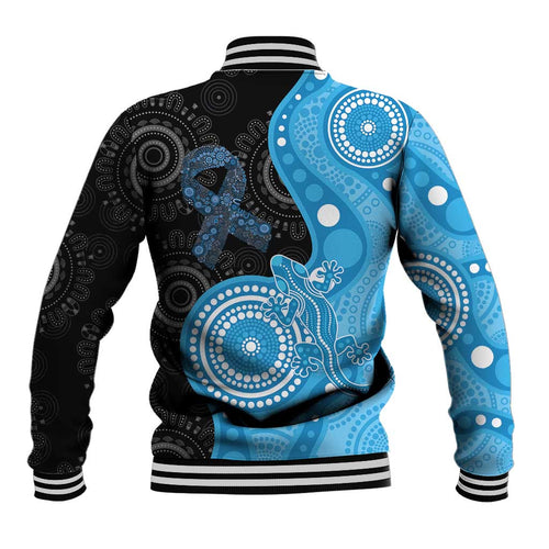 Australia Autism Awareness Month Baseball Jacket Indigenous Lizard With Blue Ribbon - Aussie Hoodie