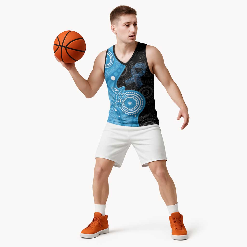 Australia Autism Awareness Month Basketball Jersey Indigenous Lizard With Blue Ribbon - Aussie Hoodie