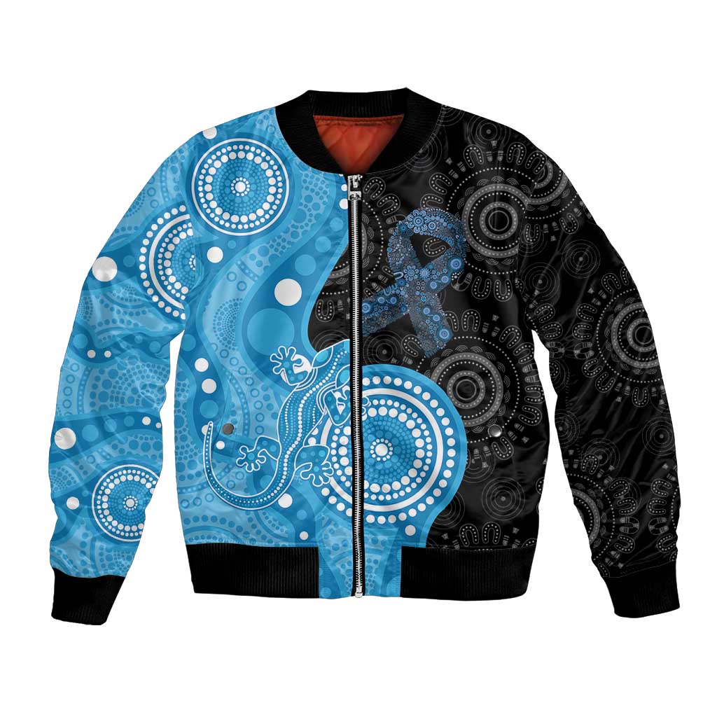 Australia Autism Awareness Month Bomber Jacket Indigenous Lizard With Blue Ribbon - Aussie Hoodie